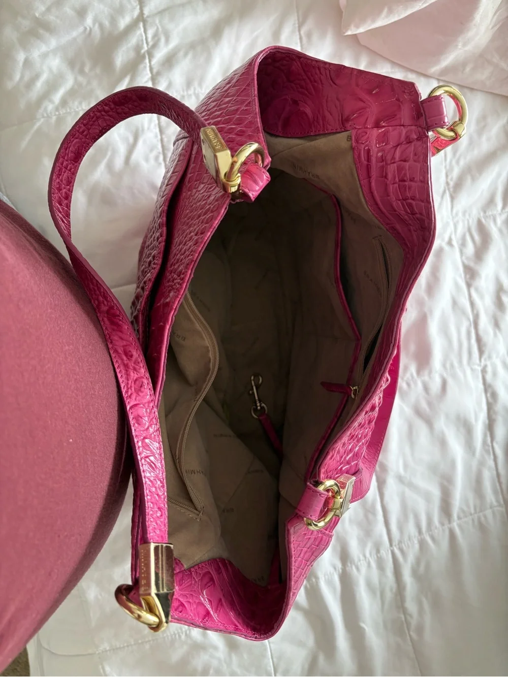 Brahmin Hot Pink Croc-Embossed Hobo with Gold Hardware